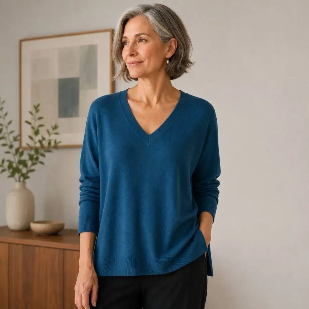 Eileen Fisher Womens Teal Blue Royal Alpaca V Neck Pullover Sweater Small